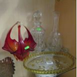 A red Art Glass basket vase, dressing table tray and two decanters