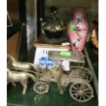 Two Oriental vases, a metal horse and carriage and a coffee grinder