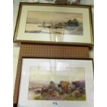Tom Rourden - watercolour highland cattle and F. Bowker - watercolour sailing boats