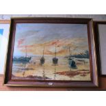 Maxima Boudan - oil on canvas moored boats dated 1965
