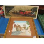 H.L.RIDOUT - watercolour Farnham Priory Church, and a print on glass West Coast Express hauled by '