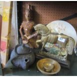 A Wedgwood teapot, bird plate, brass horse on stand et cetera