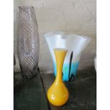 A tall Betty Jackson glass vase, patterned handkerchief vase and coloured vase