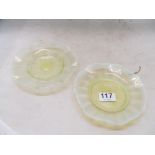 Two vaseline glass dishes and nine liquer glasses