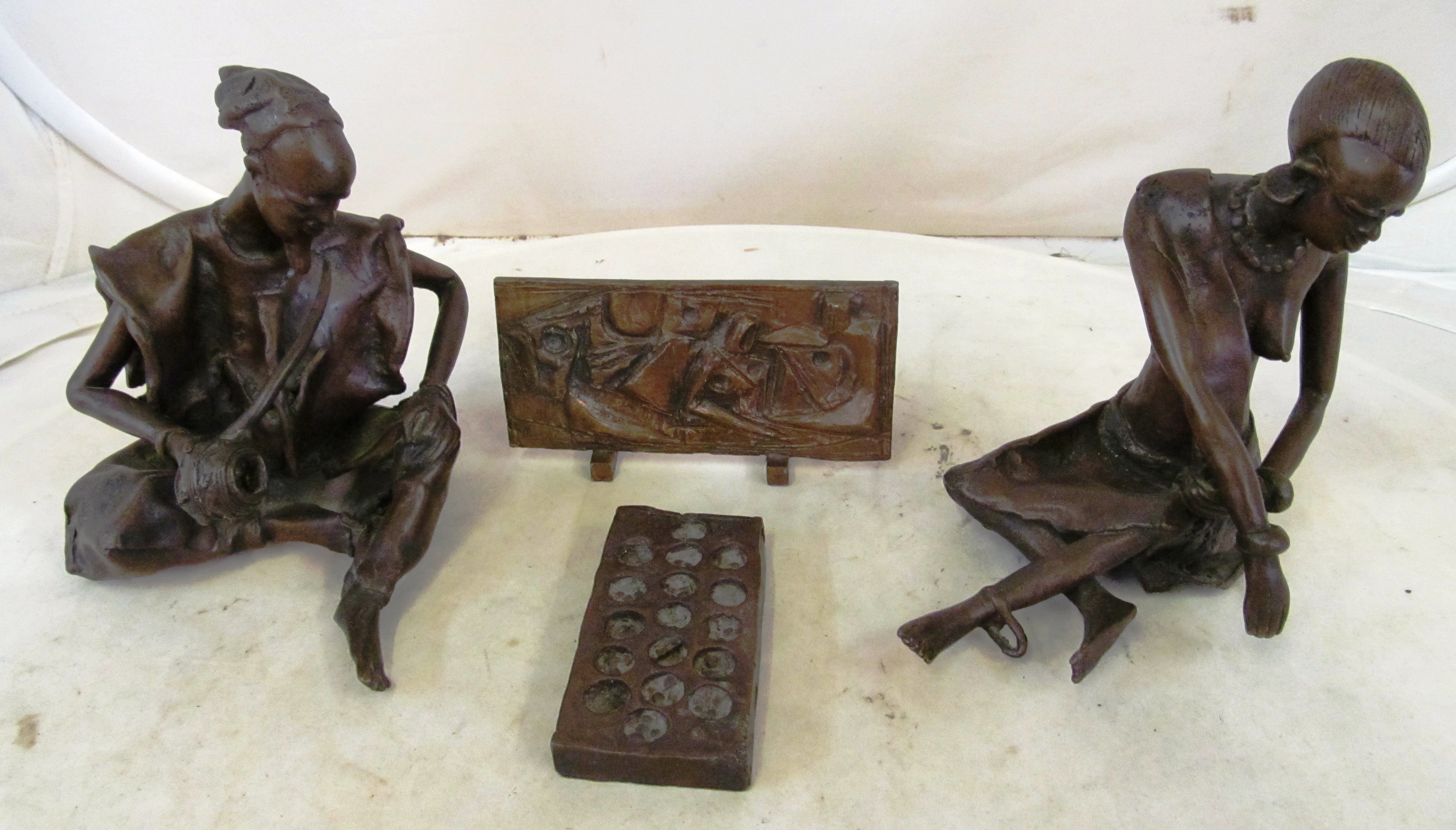 Two bronze figures and two plaques one signed TIZZA