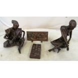 Two bronze figures and two plaques one signed TIZZA