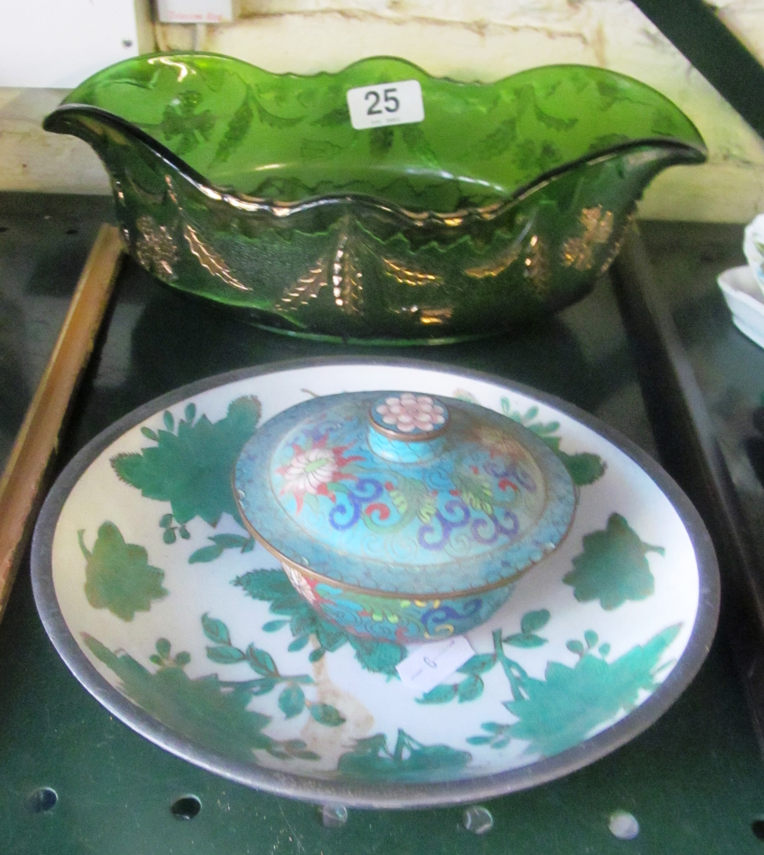 A glass bowl (a/f), Hong Kong plate, and cloisonné pot.