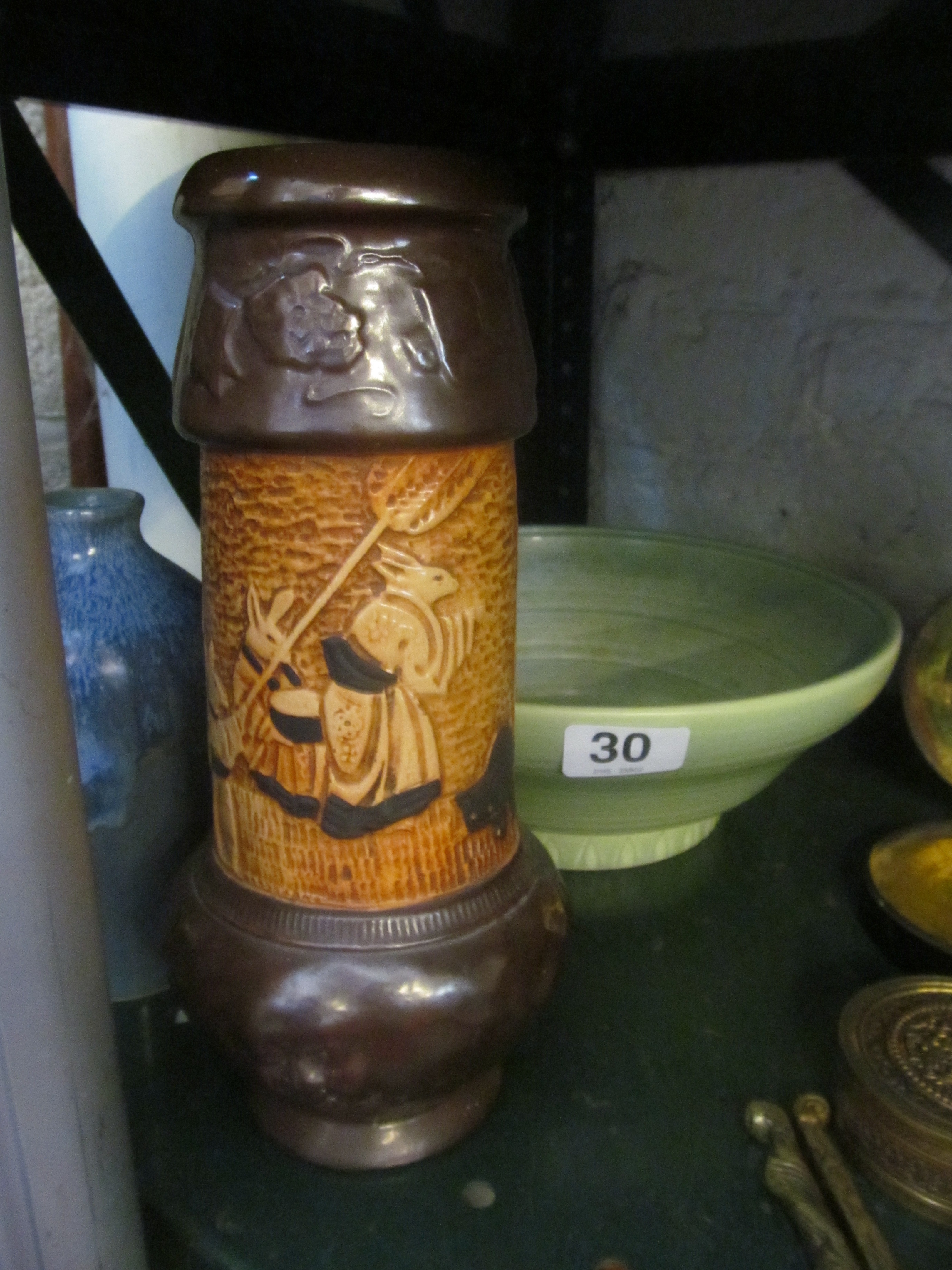 A Bretby vase, Susie Cooper green pattern bowl and a blue pottery vase