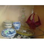 Two Spode Italian blue and white bowls, other blue and white, a red art glass vase etc