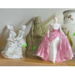 A green pottery oriental figure gentleman, Coalport figures and another