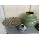 A green studio vase, bowl, and small blue vase.