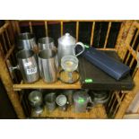 Various pewter tankards, plated cutlery etc