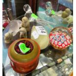 A paperweight, glass bird and lion, monkeys, pin box and hand warmer