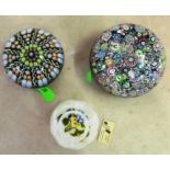 Two Creiff millifiori paperweights and another flowers