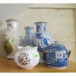 Three modern oriental vases, jardinière and Copeland Spode biscuit barrel (a/f).