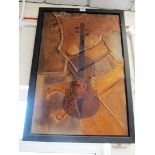 An oil on leather collage of violins 'Record Possessions'