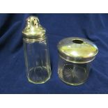 A sugar sifter with silver lid and a silver lidded hat pin holder