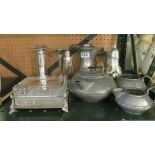 A pewter teaset, pewter jug and plated items.