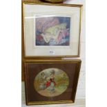 A Russell Flint print Nude, Edwardian print Lady Carrying Jug, and a pair of print portraits in gilt
