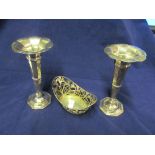 A pair of silver spill vases, 800 pierced bowl and pierced dish
