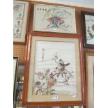 Two Oriental silks peacocks and an oriental silk picture four birds