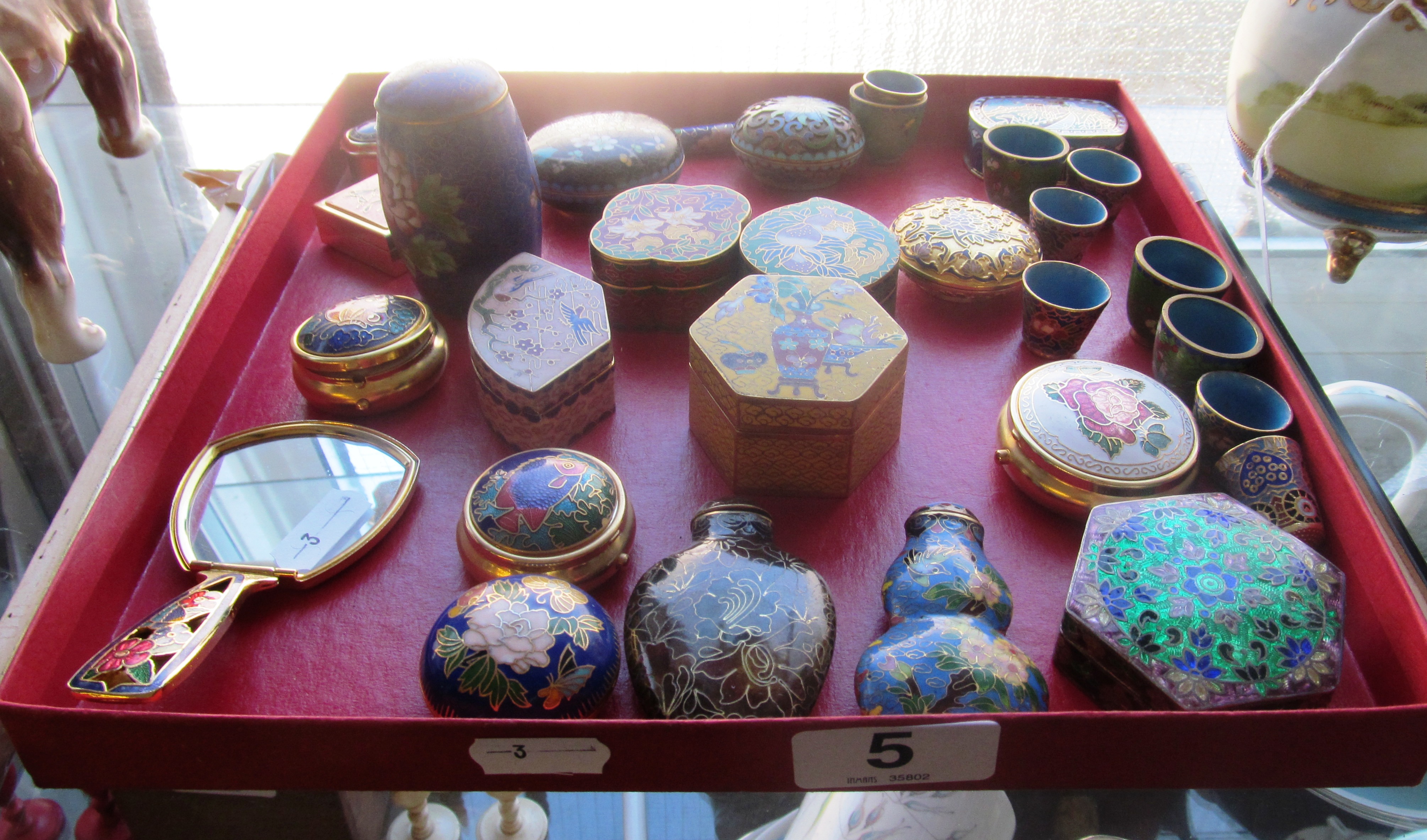 Various Cloisonné, boxes, scent bottle and small bowl