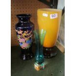 Three coloured glass vases