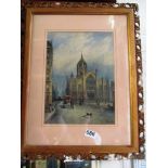 J. REID - Victorian watercolour church with horse and cart on street