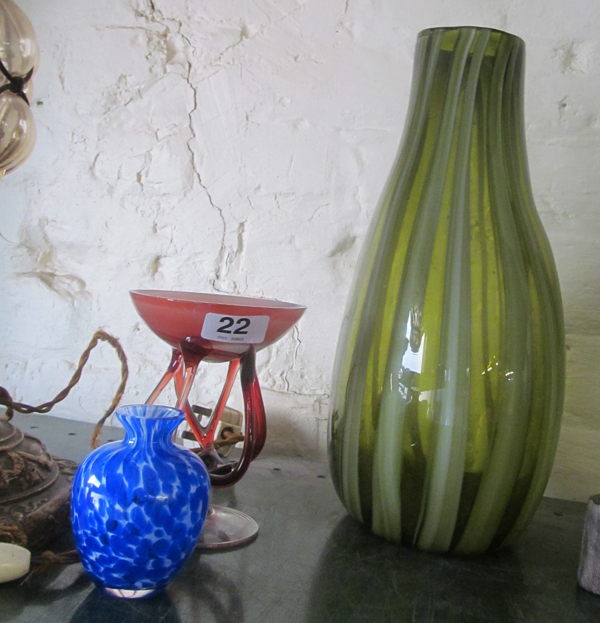 A green pattern vase, bon bon and small blue glass vase