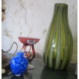 A green pattern vase, bon bon and small blue glass vase