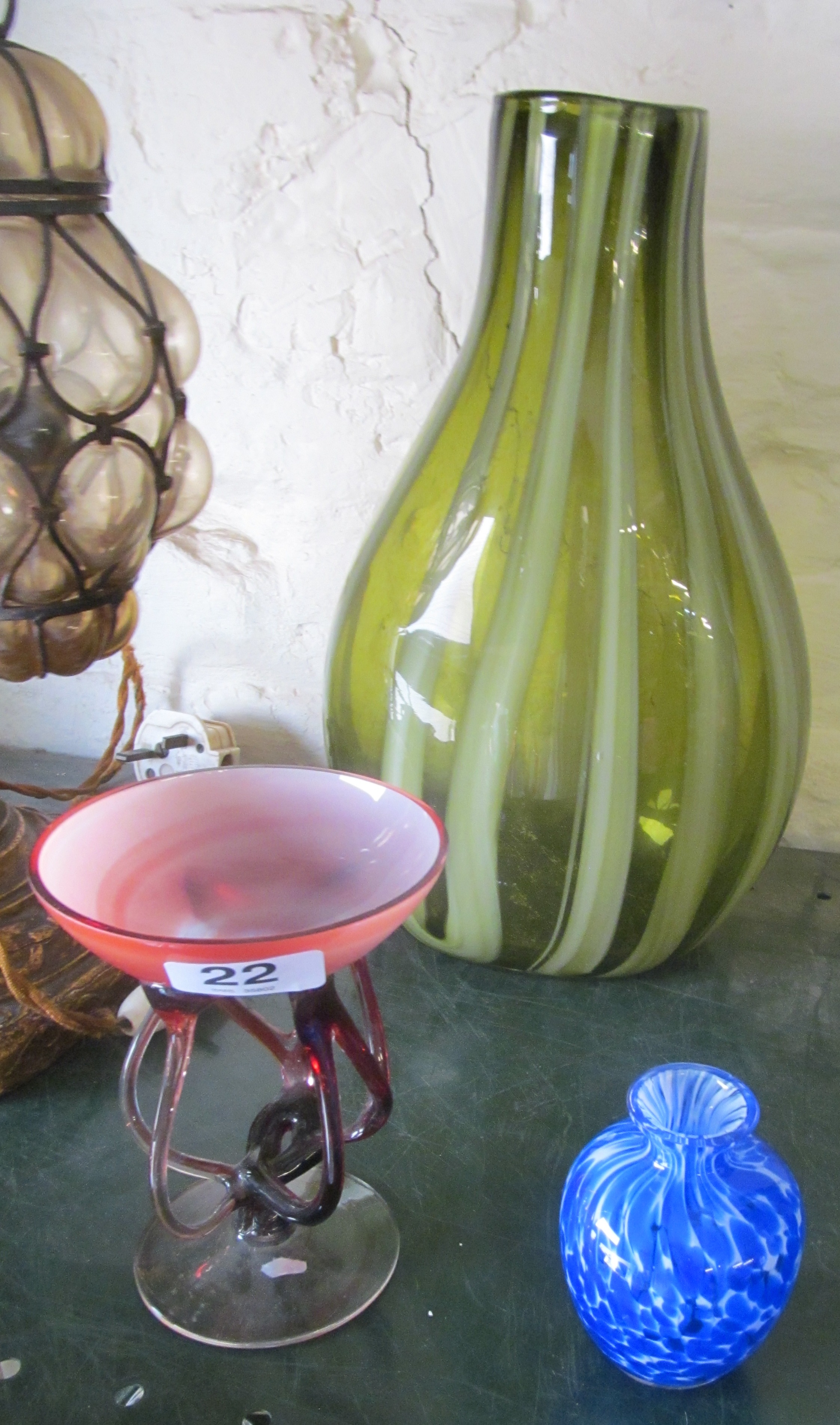 A green pattern vase, bon bon and small blue glass vase - Image 2 of 2