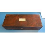 A 19th Century rosewood box with filled mother of pearl cribbage board, markers and pack of cards