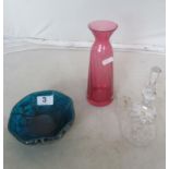 A Mdina bowl, cranberry vase and a bell