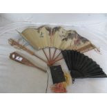 A 1920's oriental fan decorated birds and foliage, black lace and sequin fan, Sorrento mirror and