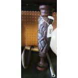 A metal hook and carved treen vase