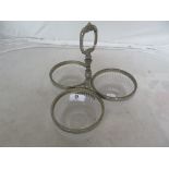 A silver plated and glass three section condiment dish