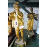 A pair of 19th Century brass figures 18th Century man and women playing musical instruments