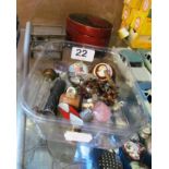 Two scent bottles, boxes, brooches, rosary etc