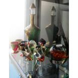 Four paperweights, two glass animals, six liqueur glasses and decanter