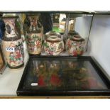 A pair of Japanese crackle ware vases, pair similar ginger jars and a lacquer tray