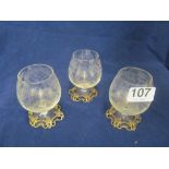 A set of six continental liqueur glasses etched design of deer with 835 standard floral rims to
