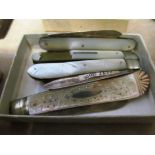 Five silver mother-of-pearl penknives (one a/f)