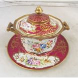 A Sevres twin handled lidded pink bowl and dish