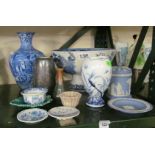 A John Lamb Ltd blue and white vase church view, Wedgwood lidded pot etc.