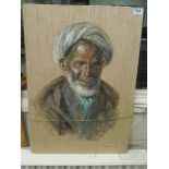 Cyrus Asfary- oil on burlap portrait of tribal man.