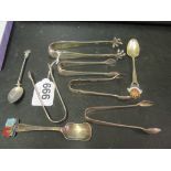 Five sugar tongs and three Commemorative spoons