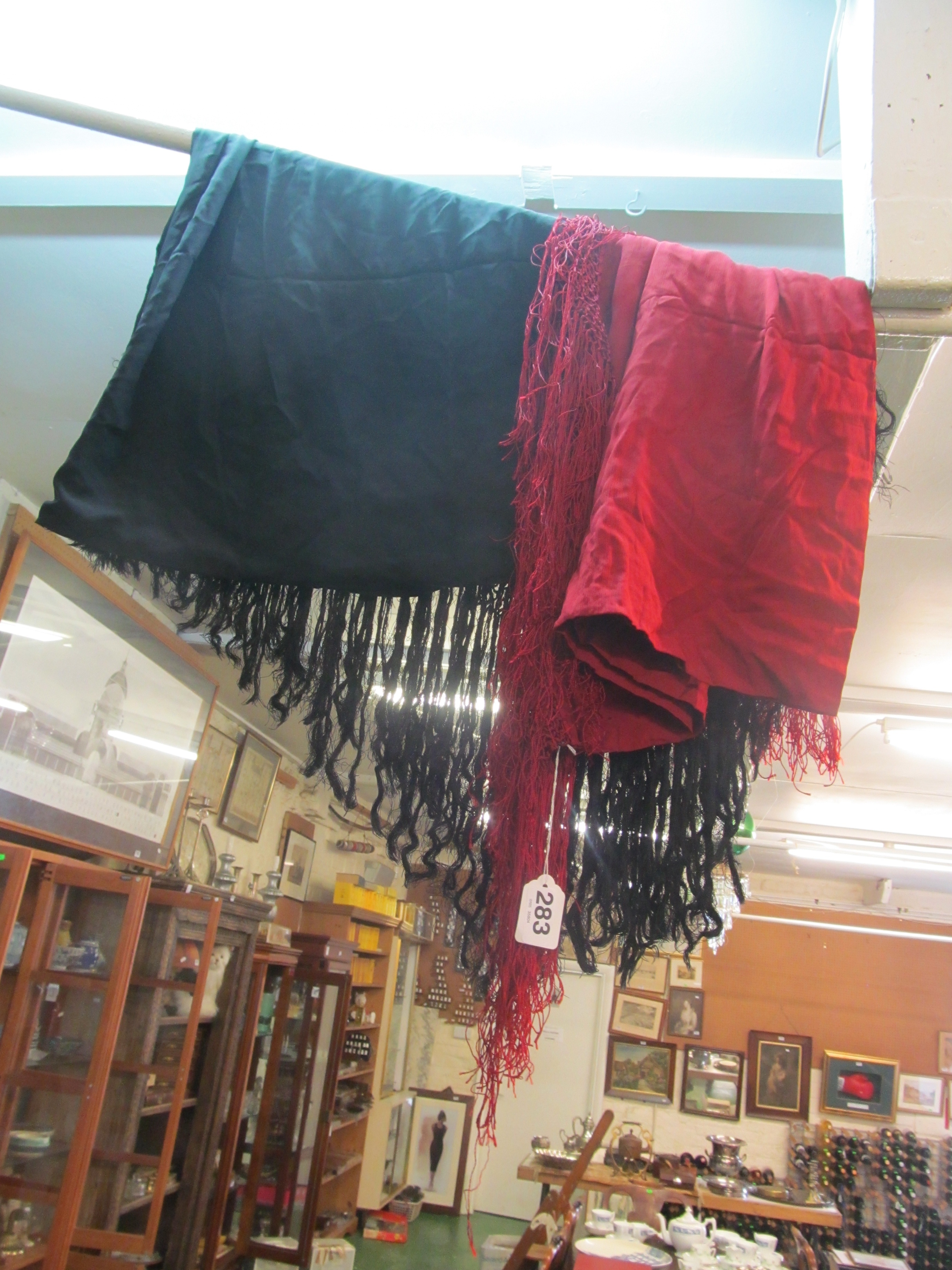 A black embroidered silk shawl with tassel edge and another red one - Image 2 of 2