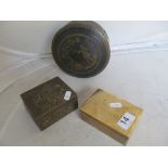 An oriental brass box, State Express cigarette box and a tin
