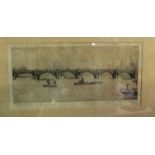 J Wiley - signed etching Waterloo Bridge and another cottages signed Wardel