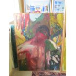 NICOLA COUNSELL - large oil nude reaching back 5'x3', with Soloman Gallery label, slightly warped